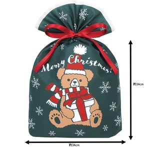 クリスマス ラッピング袋 不織布 ギフトベア／ダークグリーンL